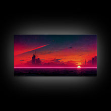 Load image into Gallery viewer, Cyberpunk lake art, city canvas, video game concept art, living room wall art, dystopian art, outrun city at sunset, man cave canvas print