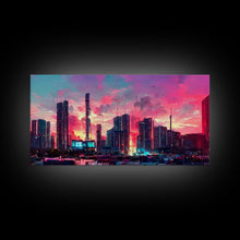 Load image into Gallery viewer, Cyber punk city skyline canvas print, outrun sunset, synthwave, vapor wave, dystopian city at sun set, mancave wall art, video game concept