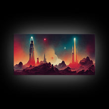 Carregar imagem no visualizador da galeria, Art deco style space canvas print, space ship art, space art, outrun style, sci-fi themed art print, science fiction, space exploration