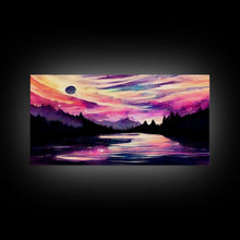 Load image into Gallery viewer, Beautiful lake at night canvas print, purple and pink sunset night sky, wall art canvas, lake front view, guest room, surreal Lakehouse Art
