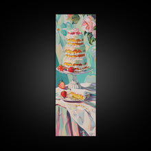 Load image into Gallery viewer, Cake Wall Art Framed and Printed on Canvas, Wall Art for Kitchen or Bakery, Food Art Print, Tall and Narrow Colorful Art for Kitchen
