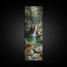 Carregar imagem no visualizador da galeria, Framed Canvas Print Skinny Art of a Serene Waterfall Cascading into a Tranquil Pool in a Lush Forest Landscape, Perfect Tall Art for Nature Lovers