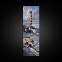 Carregar imagem no visualizador da galeria, Framed Canvas Print Skinny Art of a Majestic Lighthouse Standing Tall Against a Bright Blue Sky with Waves Crashing on Rocky Shores, Perfect Tall Art