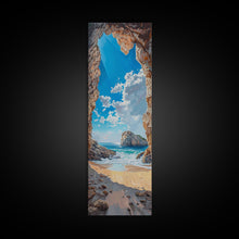 Carregar imagem no visualizador da galeria, Framed Canvas Print Skinny Art of a Sunlit Beach Scene Framed by Rocky Cliffs, Overlooking a Crystal Blue Sea Under a Clear Sky, Perfect Tall Coastal Art