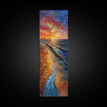 Carregar imagem no visualizador da galeria, Framed Canvas Print Skinny Art of a Vibrant Sunset Over a Rolling Ocean with Dramatic Colors in the Sky and Water, Ideal Tall Art for Modern Spaces