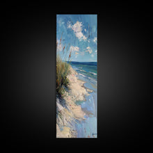 Carregar imagem no visualizador da galeria, Framed Canvas Print Skinny Art of a Peaceful Beach Scene with Sea Oats Blowing in the Wind and Gentle Waves in the Background, Perfect Tall Art for Homes