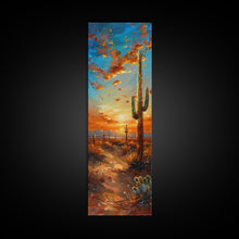 Load image into Gallery viewer, Arizona Desert Landscape with Saguaro Cactus at Sunset on a Framed Canvas Print Skinny Art Piece