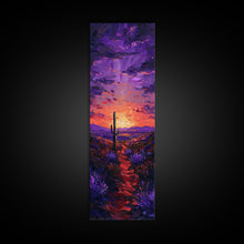 Cargar imagen en el visor de la galería, Colorful Sunset Over a Desert Landscape with a Saguaro Cactus and Dramatic Sky on a Framed Canvas Print Skinny Art Piece