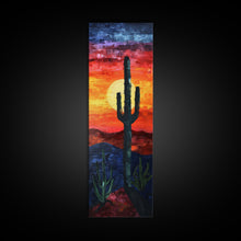 Load image into Gallery viewer, Desert Landscape with Saguaro Cactus Silhouette Against a Fiery Sunset on a Framed Canvas Print Skinny Art Piece