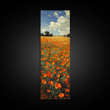 Carregar imagem no visualizador da galeria, Expansive Poppy Field Under a Bright Blue Sky on a Framed Canvas Print Skinny Art Piece