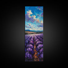 Carregar imagem no visualizador da galeria, Framed Canvas Print of Wide Lavender Fields Under a Bright Sky Featuring Skinny Tall Art for Stunning Wall Decor in Home or Office