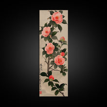 Carregar imagem no visualizador da galeria, Framed Canvas Print Of Japanese Floral Art With Camellia Blossoms And Detailed Leaves Ready To Hang Traditional Japanese Wall Art Decor