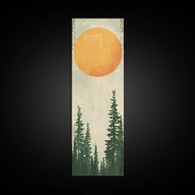 Carregar imagem no visualizador da galeria, Abstract Sun Over Forest Silhouette Earth Tones Skinny Art Tall Art Framed Canvas Print Japanese Style Art Ukiyo-e Art Wood Block Print Minimalist