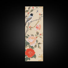 Load image into Gallery viewer, Bird On Branch With Red Peonies And Green Leaves Tall Art Skinny Art Framed Canvas Print Japanese Style Art Ukiyo-e Wood Block Print