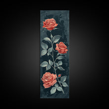 Load image into Gallery viewer, Deep Red Roses With Dark Green Foliage Skinny Art Tall Art Framed Canvas Print Japanese Style Art Ukiyo-e Art Wood Block Print Elegant Floral