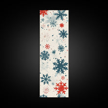 Cargar imagen en el visor de la galería, Festive Snowflakes In Red, Blue, And White On A Cream Background, Skinny Art Tall Wall Art Framed Canvas Print Japanese Style Art