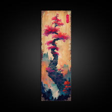 Load image into Gallery viewer, Bonsai Tree With Red Leaves On Gradient Background Wood Block Print Ukiyo-e Wall Art Tall Art Skinny Art Japanese Style