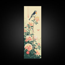 Load image into Gallery viewer, Bird Perched On Floral Branch With Butterfly Ukiyo-e Art Framed Canvas Print Japanese Style Tall Art Wood Block Print Skinny Art