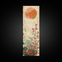 Carregar imagem no visualizador da galeria, Abstract Sun Over Branch With Red Leaves Framed Canvas Print Ukiyo-e Wall Art Tall Art Wood Block Print Skinny Art Japanese Style