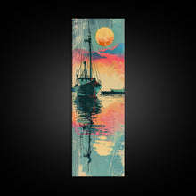 Carregar imagem no visualizador da galeria, Fishing Boat Reflecting in Water with Vibrant Sunset, Japanese Art-Inspired Tall Framed Canvas Print for Wall Art