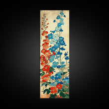 Load image into Gallery viewer, Delphinium Flowers Japanese Garden Art In Traditional Ukiyo-e Style Framed Canvas Print Tall Skinny Wood Block Floral Wall Decor