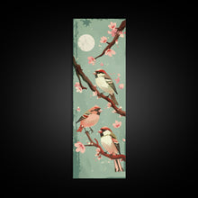 Load image into Gallery viewer, Delicate Sparrows Perched On Cherry Blossoms Under Full Moon Serene Nighttime Setting Captured Tall Framed Canvas Print Nature Scene