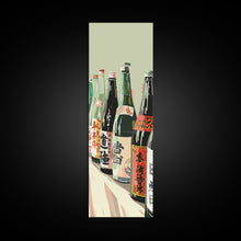 Load image into Gallery viewer, Array Of Japanese Sake Bottles With Minimalistic Labels Arranged Simple Composition Captured Tall Framed Canvas Print Bar Decor