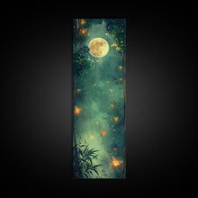 Load image into Gallery viewer, Enchanting Fireflies Illuminating Nighttime Forest Scene Under Full Moon Tall Framed Canvas Print Adding Magical Touch