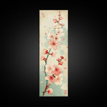 Cargar imagen en el visor de la galería, Cherry Blossom Japanese Art Skinny Wall Art Framed Canvas Print in Light Pastel Colors on Branch Against Subtle Green Background
