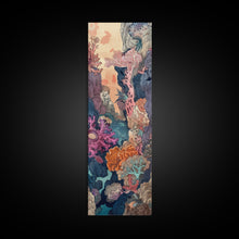 Carregar imagem no visualizador da galeria, Framed Canvas Print Of A Coral Reef Scene Filled With Vibrant Marine Life, Skinny Art, Tall Art, Japanese Style Art, Ukiyo-e Art, Wood Block Print