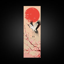 Load image into Gallery viewer, Elegant Crane Bird In Mid-flight Against Bold Red Sun Ukiyo-e Tall Skinny Wood Block Framed Canvas Print Japanese Style Art