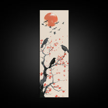 Load image into Gallery viewer, Crows On Bare Tree Branches Against Red Sun Skinny Art Wood Block Print Japanese Style Art Framed Canvas Print Tall Art Ukiyo-e Art