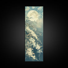 Load image into Gallery viewer, Delicate White Flowers and Full Moon in a Tranquil Night Setting - Skinny Art, Japanese Wall Decor, Framed Canvas Print, Ukiyo-e Style