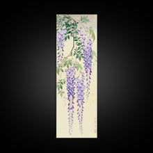 Cargar imagen en el visor de la galería, Cascading Wisteria Blossoms in Shades of Purple and Green - Skinny Art, Japanese Wall Decor, Framed Canvas Print, Ukiyo-e Style