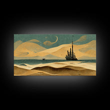 Load image into Gallery viewer, Art deco canvas print, pirate ship at sea beyond the sand dunes, living room wall art
