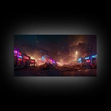 Load image into Gallery viewer, Destitute cyberpunk city with neon signs wall art, Bladerunner vibes art, synthwave style art, cool wall art