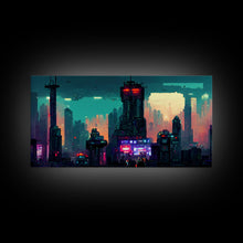 Load image into Gallery viewer, cyberpunk city pixel art canvas print, wall art, Bladerunner vibes art, synthwave style art, cool wall art