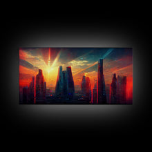 Load image into Gallery viewer, Cyberpunk canvas print, cyber punk city at sunset, Bladerunner vibes art, synthwave style art, cool wall art, night city