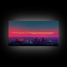 Load image into Gallery viewer, Los Angeles Wall Art, California at sunset canvas print, outrun style, vapor wave, synth wave sunset, ready to hang wall art