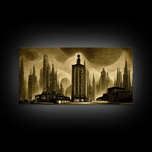 Load image into Gallery viewer, Dystopian Metropolis Art Deco Canvas Print, City Skyline, Fantasy Art, Art Deco Living Room Art, ready to hang wall art