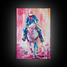 Load image into Gallery viewer, Cowboy Riding in Pink - Colorful Western Art, Framed Canvas Print, Living Room Decor, Cowboy Painting, Vibrant Wall Art