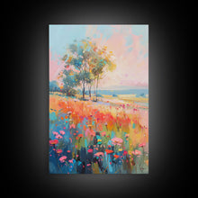 Load image into Gallery viewer, Blossoming Meadow with Trees - Framed Canvas Print, Peaceful Living Room Art, Serene Bedroom Decor, Vibrant Flower Art, Wall Art