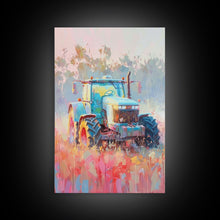 Cargar imagen en el visor de la galería, Farm Tractor in Vibrant Meadow - Framed Canvas Print, Countryside Living Room Art, Pastel Bedroom Decor, Rural Art, Wall Art