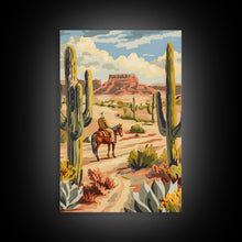 Load image into Gallery viewer, Cowboy Riding in Desert Landscape with Cacti - Framed Canvas Print, Western Art, Southwestern Decor, Desert Scene Wall Art for Home