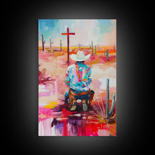 Carregar imagem no visualizador da galeria, Abstract Cowboy Kneeling by Cross Art - Framed Canvas Print, Modern Southwestern Decor, Vibrant Living Room Wall Art