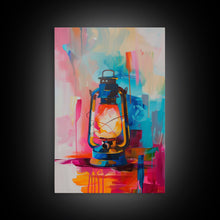 Cargar imagen en el visor de la galería, Brightly Painted Oil Lamp - Framed Canvas Print, Vibrant Western Art, Rustic Lamp Wall Art for Living Room Decor