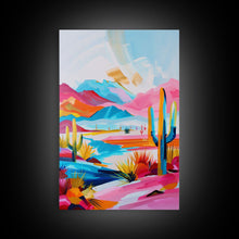 Load image into Gallery viewer, Colorful Mission Style Church Illustration - Framed Canvas Print, Vibrant Church Art, Living Room Decor, Architectural Wall Art