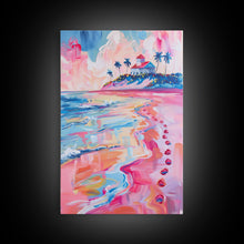 Load image into Gallery viewer, Colorful Tropical Beach Scene with Palm Tree - Framed Canvas Print, Vibrant Coastal Art, Living Room Decor, Beach Wall Art