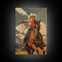 Load image into Gallery viewer, Brave Cowgirl in Mountains with Horse | Framed Canvas Print | Western Wall Art | Living Room Decor | Rustic Home Decor