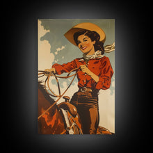 Load image into Gallery viewer, Classic Cowgirl with Red Outfit on Horse | Framed Canvas Print | Western Wall Art | Living Room Decor | Rustic Home Decor